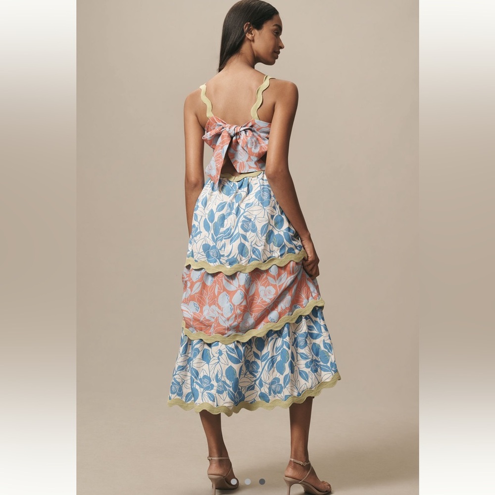 NWT Farm Rio Linen Blend Tiered Rickrack Midi Dress Large - Picture 2 of 10